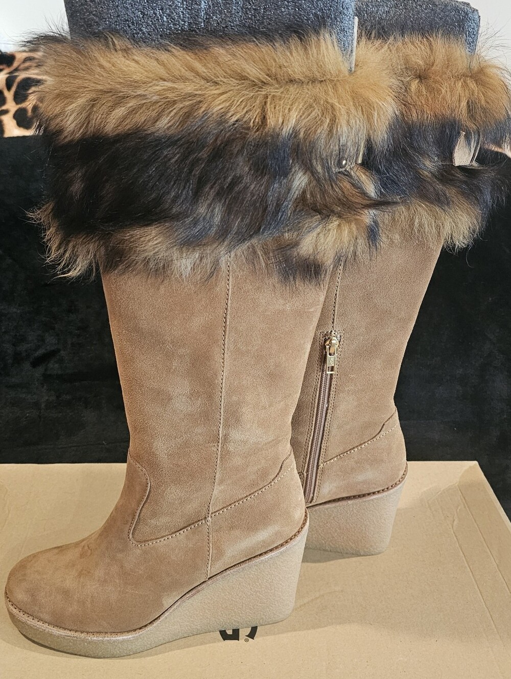UGG Tan Faux-Fur Wedge Suede Boots - Size 8